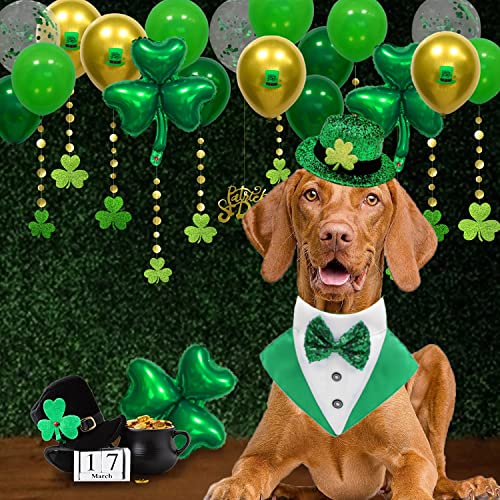 St.patrick's Day Dog Tuxedo Costume 2Pcs Pet Top Hat Bowtie Collar Irish Bandana Adjustable Scarf Formal Tux Clothes Dog Harness Bow Tie With D-Ring For Small Medium Large Dog (Green+White, Medium) #TOP6