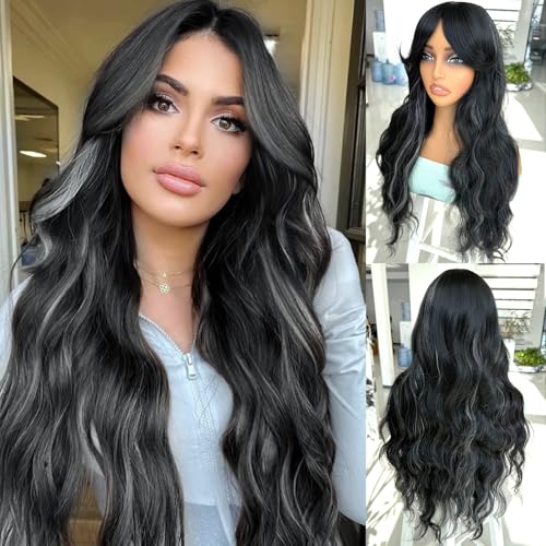 LEOSA Gray Wig-Long Wavy Grey Layered Wig with Curtain Bangs for Women Middle Part 26 inch Natural Curly Synthetic Heat Resistant Fiber Wavy Shaggy Wigs for Daily Party Use