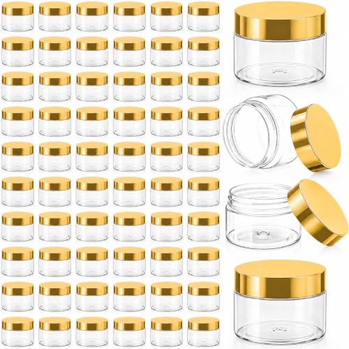 Patelai 60 Pcs Plastic Jars with Lids, Gold, 1 oz