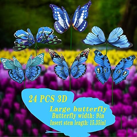 FENELY Giant Butterfly Garden Stakes Decorations Outdoor 3D Blue Butterflies Lawn Decorative Yard Decor Patio Accessories Ornaments PVC Gardening Art Christmas Whimsical Gifts (Pack of 24) Cover