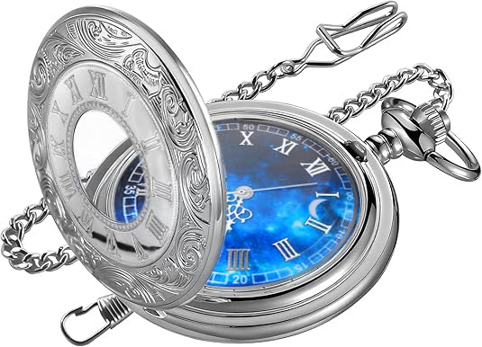 tiong Pocket Watch Hollow Blue Star Design Roman Numerals Quartz with Chain Christmas Birthday Gifts-picture-49