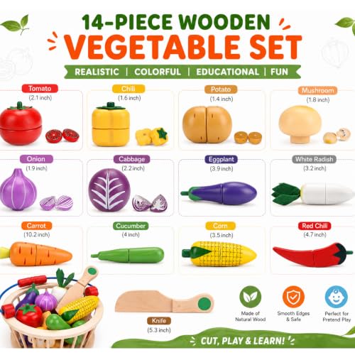 Image of Wooden Magnetic Vegetable Cutting Toys for Kids 3+ Years, Pretend Play Kitchen Food Set with Basket & Wooden Knife, Montessori Learning Toy, Educational Gift for Boys & Girls