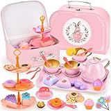 ZUSUZU Juego de Té Infantil,46 PCS Juego de té Juguete con Postre Juguete,Estuche de Transporte y Puesto de Postres,Accesorios Cocina Juguete,Fiestas del Té Juegos de Simulación para Niñas 3-8 Años