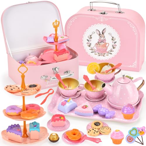 ZUSUZU Juego de Té Infantil,46 PCS Juego de té Juguete con Postre Juguete,Estuche de Transporte y Puesto de Postres,Accesorios Cocina Juguete,Fiestas del Té Juegos de Simulación para Niñas 3-8 Años