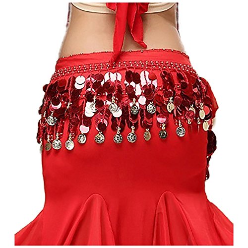 Image of VRITRAZ Women's Chiffon Belly Dance Hip Scarf Waistband Belt Skirt Mixed Colors Beads and Golded Coins 56 Black