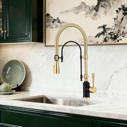 Image of Classical Commercial Copper Kitchen Faucet, Single Handle Spring High Arc with 360 Swivel Pull Down Spray, Finish & Deck Plate for Farmhouse Sink,Black+Brushed Gold