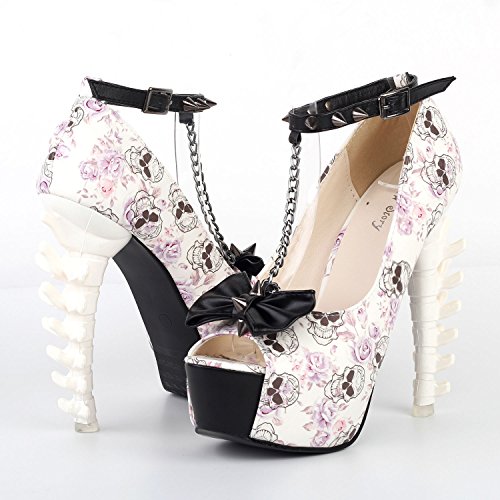 SHOW STORY White Woman Sexy Women Butterfly Print Studs Chain Peeptoe Platform Bone Heel Pumps,LF806312