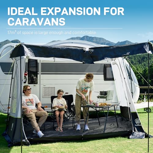 EVER ADVANCED Vorzelt Wohnwagen 350x260x245cm für Wohnmobil mit 2 Fenstern Seitentüre, großerer Tür als Dach, Reisevorzelt PU 3000mm wasserfest geeignet für Reise, Familie zusammen, Camping