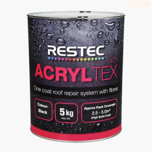 Image of Restec Acryltex One Coat Roof Repair System – Instant Waterproofing, Fibre Reinforced Acrylic Roof Coating for Fast Repairs on Roofs, Gutters, Asphalt, Bitumen, Concrete & Metal - 5kg (Black)