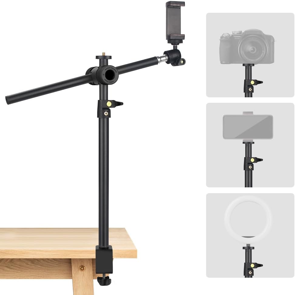 OS01 Camera Desk Mount with Flexible Overhead Boom Arm, 32.5-55cm Adjustable C-clamp Tabletop Light Stand with 1/4" Ball Head for Smartphones, Ring Light, Webcam, Action Cameras