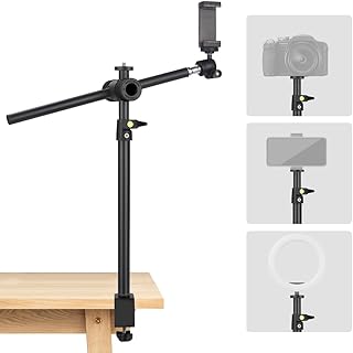 OS01 Tischstativ Overhead Stativ Handy, 32.5-55cm Einstellbar Kamera Halterung für Klein Kamera, klemmstativ mit Flexible Arm & 1/4" Kugelkopf für Webcam, Ringlicht, Live Streaming