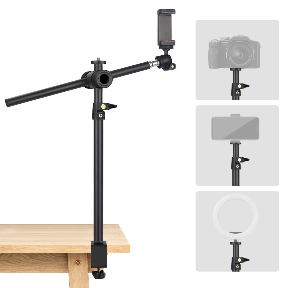 JEBUTU OS01 Camera Desk Mount with Flexible Overhead Boom Arm, 32.5-55cm Adjustable C-clamp Tabletop Light Stand with 1/4" Ball Head for Smartphones, Ring Light, Webcam, Small Cameras