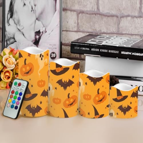Image of Pumpkin Flameless Battery Operated Lamp with Remote Control | LED Flickering Battery Operated Color Changing Electric Pillar Candles for Living Room Halloween Home Decoration, 4 Pack