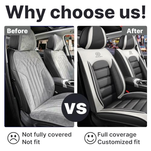 Image of Front Set Car Seat Covers for Jeep Compass 2007-2026, Waterproof Stain-Resistant Seat Cover, Premium Nappa Leather Seat Protectors with Storage Pockets(Standard 2 Seats /Grey&White)