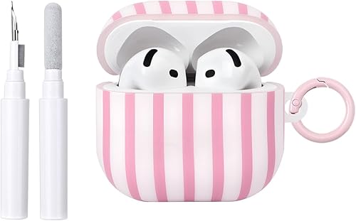 Fycyko Compatible for AirPods 4 Case Soft TPU with Cleaner Kit Cute Striped Aesthetic Design Shockproof Keychain Cover for Girls Woman-Pink