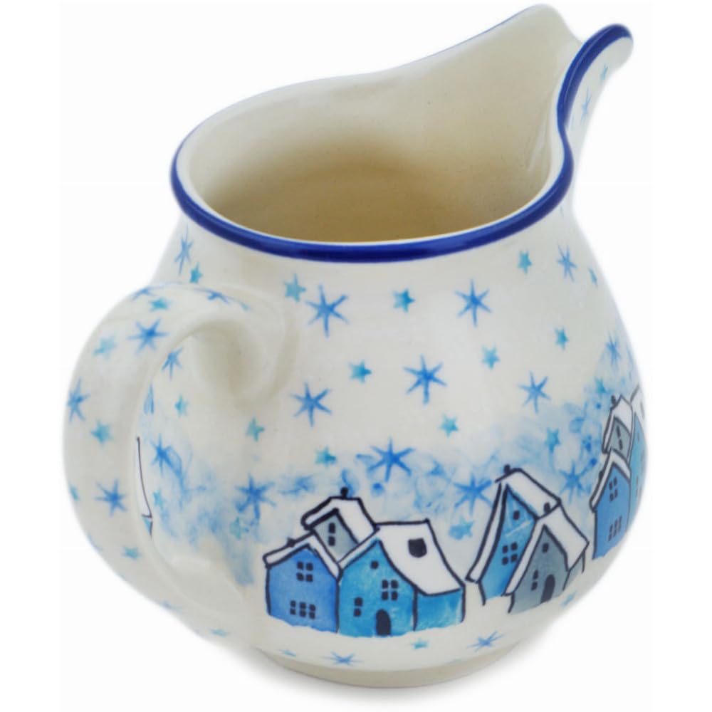 Authentic Polish Pottery Creamer Signature UNIKAT in Snowy Village Design Handmade in Boles?awiec Poland by Ceramika Artystyczna + Certificate of Authenticity