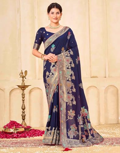 Image of SIRIL Women's Silk Kashmiri Minakari Jacquard Saree With Unstitched Blouse Piece