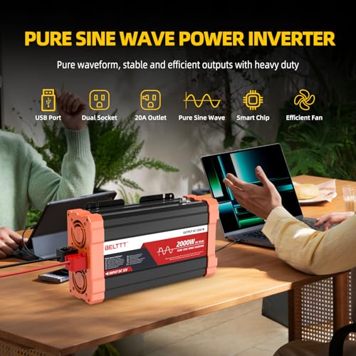 belttt 2000w pure sine wave inverter car power inverter 12v to 120v ac converter for rv truck solar outdoor with dual ac and 20a socket 5v 21a usb surge 4000w hardwire port remote controller