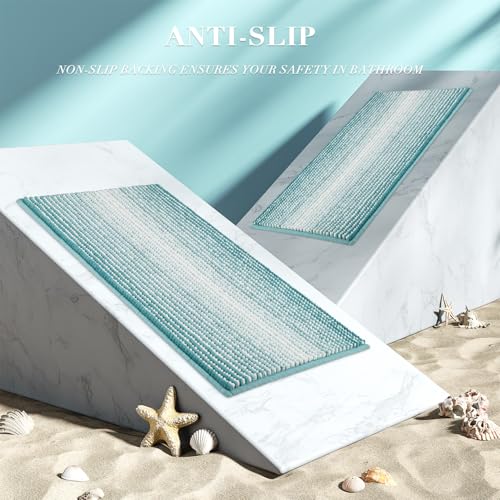 BSICPRO Bathroom Rugs and Mats Sets, 2 Piece Thick Absorbent Chenille Non Slip, Soft Shaggy Floor Mats, Machine Washable (Aqua Green, 20" x 47" Plus 16" x 24")