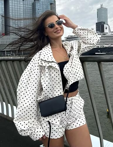 Women's Polka Dot Puffed Jacket Fall High Collar Adjustable Drawstring Hem Coat Outerwear2