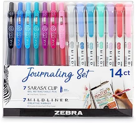 Zebra Pen Journaling Set, Includes 7 Mildliner Highlighters and 7 Sarasa Clip Retractable Gel Ink Pens, Assorted Colors, 14 Pack