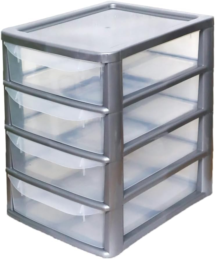 ALEEZ - A4 Slim Drawer Storage Unit - Small Plastic Desktop Tower - Tabletop Drawers for Office & School - Multi-Purpose Clear Drawers - Storage Unit for Small Spaces (Sliver/Clear, A4 Slim 4 Drawers)