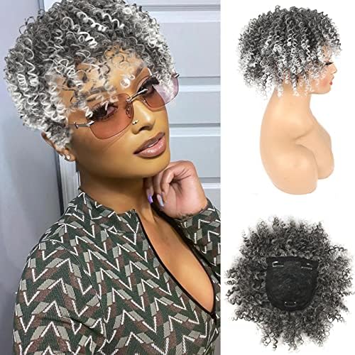 Short Afro Kinky Curly Grey Hair Toppers for Women with Thinning Hair Clip in Bangs, Matthia Synthetic Ombre Gray Curly Hairpieces for Women Men Wiglets Hairpieces for Thinning Hair Extensions(1B/Gray#)