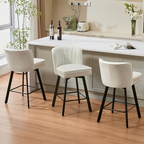 SAECKBERG Swivel Counter Height Bar Stools Set of 3, 26'' Modern Barstools with Backs and Metal Legs, Upholstered Bar Chairs, Faux Leather White Stools for Kitchen Island Chairs