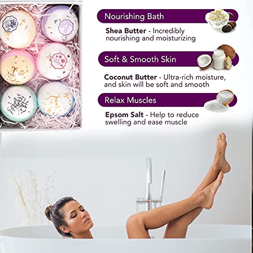 Bath Bombs Spa Set— Natural Body Relaxation — 6 Fizz Balls Floral Scents: Lavender, Jasmine, Rose, Calendula, Green Tea & Osmanthus — Coconut, Shea Butter Genuine Moisturize & Making Skin So Soft #TOP1