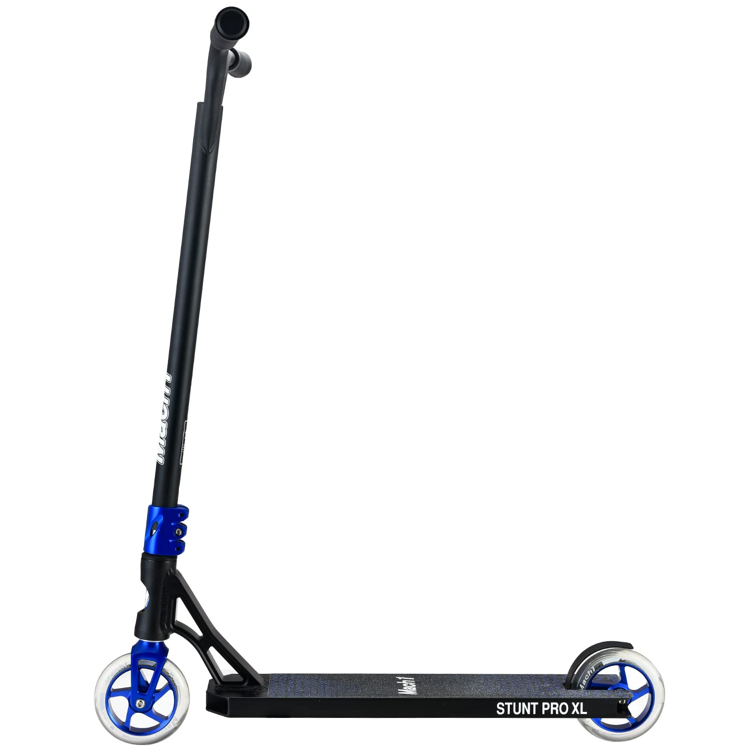 Mach1 Stunt Scooter Kierownica 360° – kółka 120 mm z aluminiowym rdzeniem i łożyskami kulkowymi ABEC 9, hulajnoga, Fun Stunts Trick Roller dla dzieci od 6 lat (czarno-niebieska z przezroczystymi kółkami)
