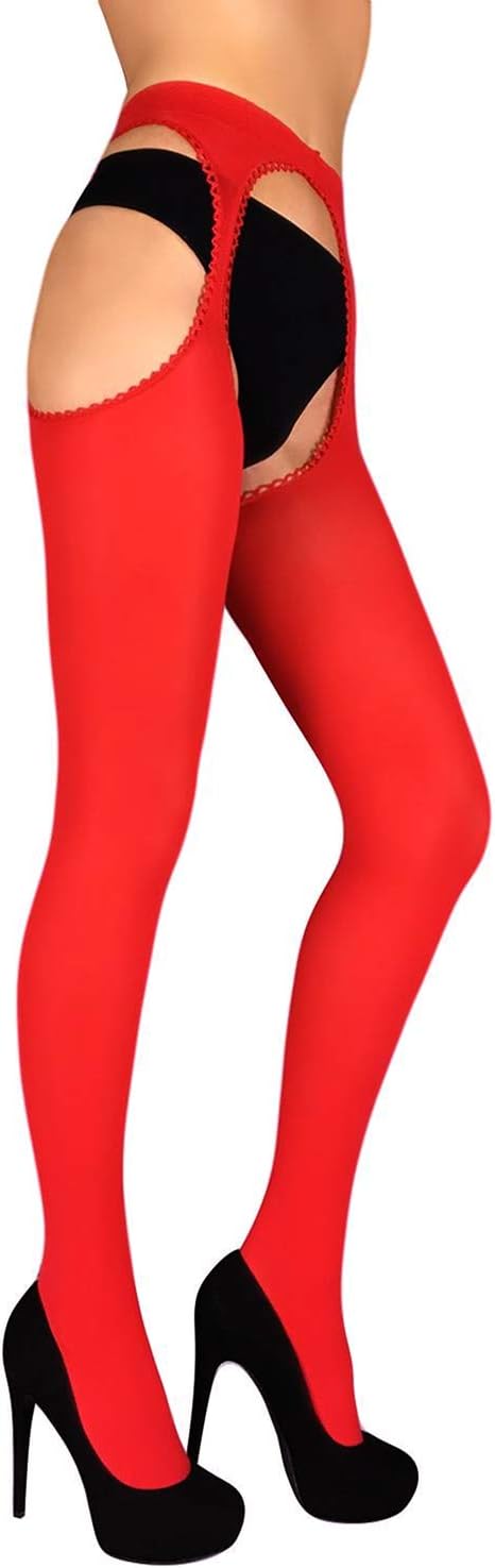 Sexy Strip Tights Opaque Open Crotch Garter Stockings with Belt 60 Denier Hosiery (2 - Small, Red)