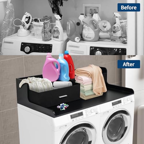 GarveeHome 2-Tier Washer Dryer Countertop with 2 Drawers, Wood Laundry Countertop with 2.75" H Edge Rails, Waterproof Washer Dryer Cover with Anti-Slip Pads for Laundry Room Organization and Storage