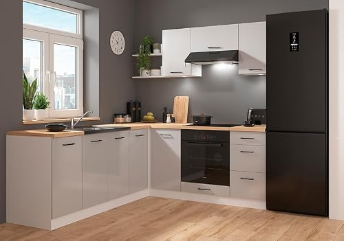 PEGANE Cuisine d'angle complète 200x220 cm, Meubles de Cuisine modulables Coloris Gris Clair Brillant/Blanc, Plan de Travail Non Inclus