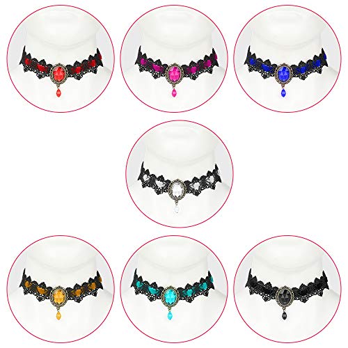 Wior 7 Pcs Gothic Choker Necklaces For Women, Retro Handmade Black Lace Chocker Velvet Clavicle Necklace With Rhinestone, Vintage Vampire Pendant Collar Chain Jewelry For Steampunk Costume Play Party #TOP6
