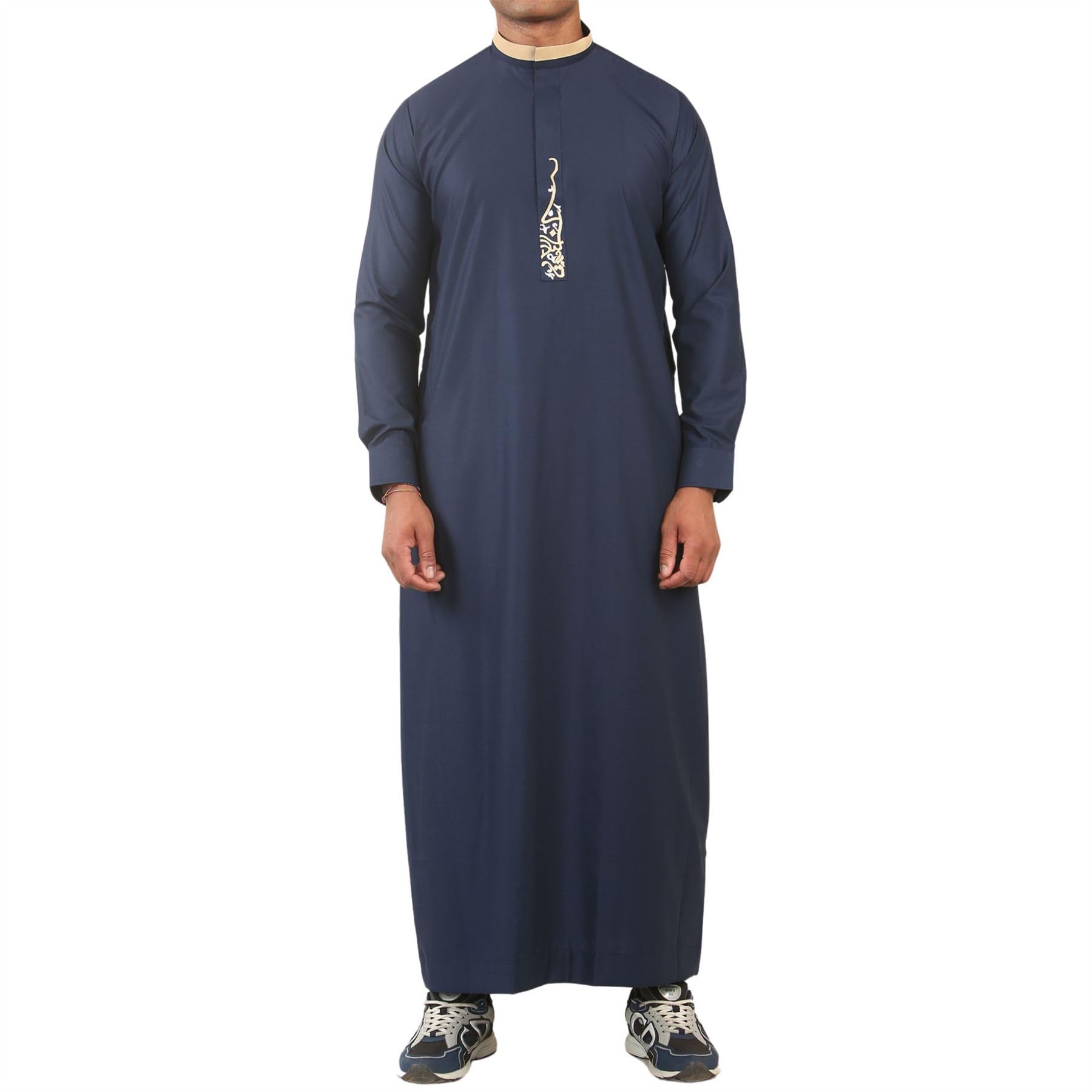 Men's Thobe Jubba Nehru Round Collar Islamic Clothing Muslim Kaftan Embroidery Eid Robe Saudi - Navy 54