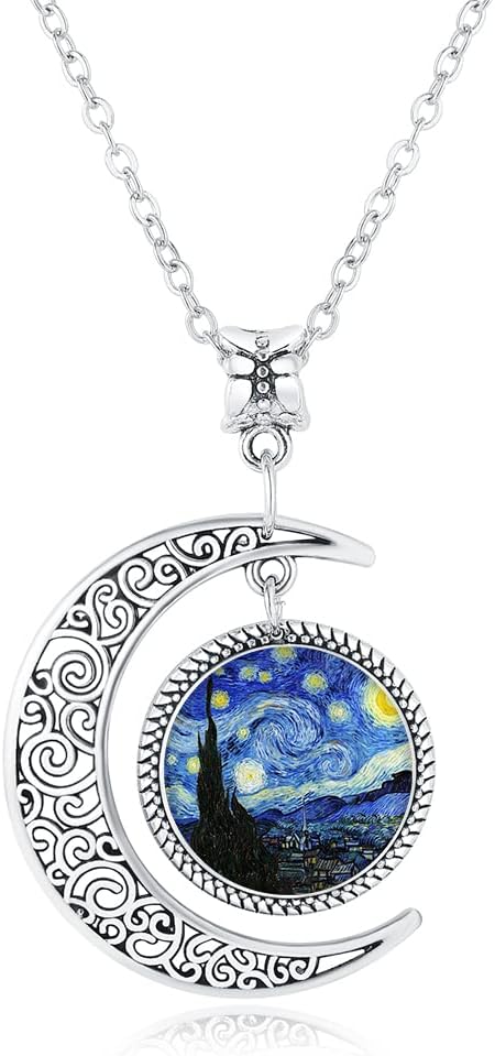 Half Moon Necklace Starry Night Pendant Art Handmade Jewelry