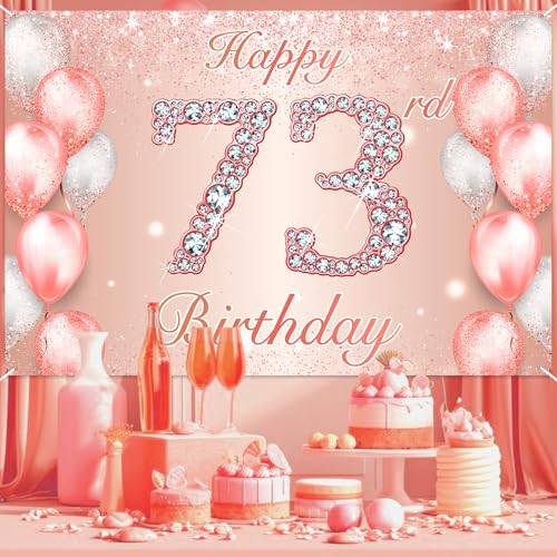 Image of Happy 73rd Birthday Rose Gold Banner Cheers to 73 Years Old Backdrop Confetti Balloons Theme Decor for Women 73 Years Old Pink Birthday Party Decorations Bday Supplies Background Favors Gift Glitter