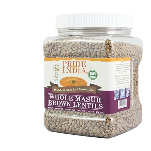 Pride Of India - Indian Whole Brown Crimson Masur Lentils - Protein & Fiber Rich Masoor Whole, 3.3 Pound (1.5 Kilo) Jar (3 Pound + 10% Extra Free = 3.3 Pounds Total)