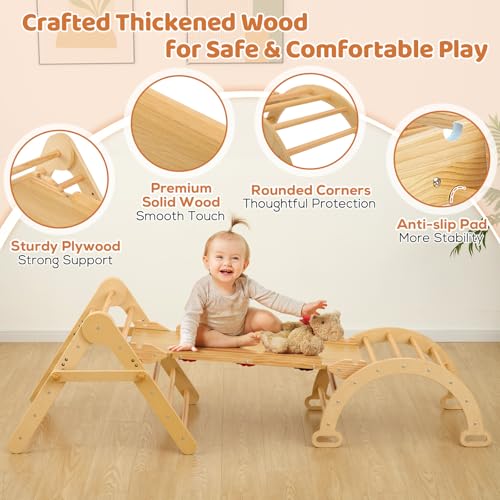 Image of FUNLIO Foldable Pikler Triangle Set, Montessori Climbing Set with Solid Wood for Toddlers 2-5 yrs, Adjustable 5-in-1 Indoor Play Gym with Arch /Slide /Climbing Rock /Triangle, Easy to Install-Small Size