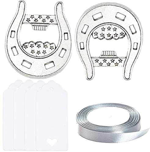 Aokbean 24 Pezzi Matrimonio Apribottiglie a Ferro di Cavallo per Feste di Campagna, Battesimi, Bomboniere e Set di Souvenir con Etichetta Bianca e Nastro (Argento Antico)