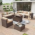 Aoxun 8 Piece Patio Furniture Set with 44” Fire Pit Table Wicker Rattan Outdoor Sectional Sofa Set with Coffee Table and 4” Thickened Cushions, Beige (Waterproof Cover Included)