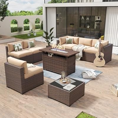Aoxun 8 Piece Patio Furniture Set with 44” Fire Pit Table Wicker Rattan Outdoor Sectional Sofa Set with Coffee Table and 4” Thickened Cushions, Beige (Waterproof Cover Included)