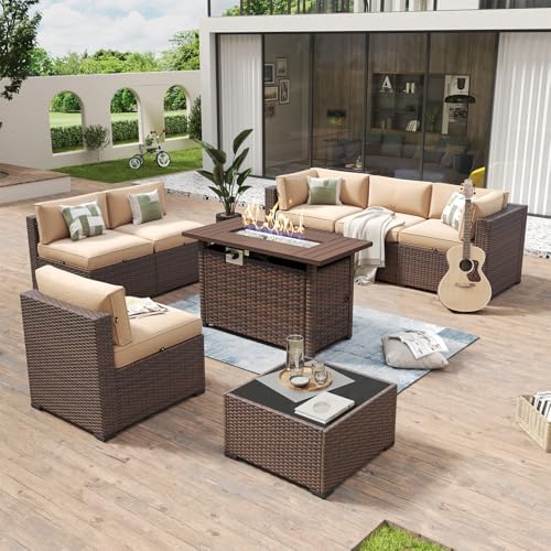 Aoxun 8 Piece Patio Furniture Set with 44” Fire Pit Table Wicker Rattan Outdoor Sectional Sofa Set with Coffee Table and Thickened Cushions, Beige (Waterproof Cover Included)