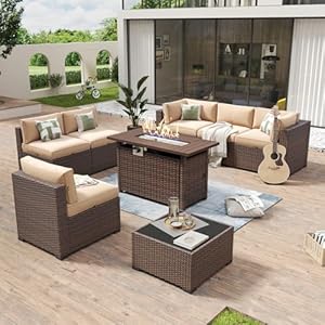 Aoxun 8 Piece Patio Furniture Set with 44” Fire Pit Table Wicker Rattan Outdoor Sectional Sofa Set with Coffee Table and Thickened Cushions, Beige (Waterproof Cover Included)