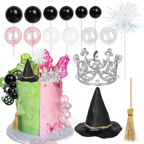 Xsstarmi 16 Pack Princess Witch Cake Topper Decorations Magic Crown Witch Hat Broom Cake Pick Black Pink Balloon Cake Decorations for Halloween Baby Shower Birthday Party Cake DIY Decoration