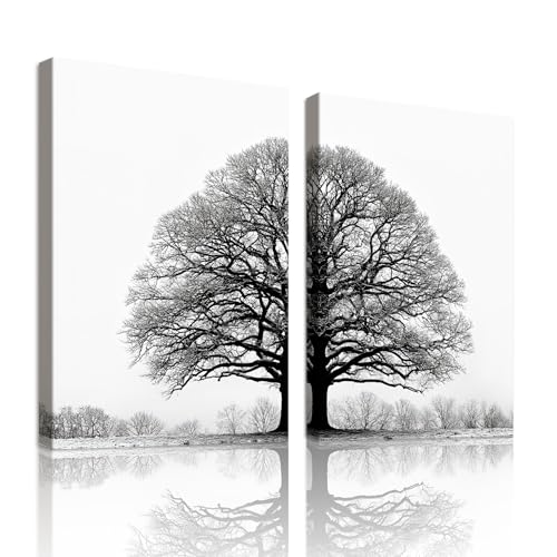 WENGTIAO 2 Piezas Arbol de La Vida Blanco y Negro Lienzo Cuadros Impresiones Enmarcados Naturaleza Paisaje Árbol de Invierno Modernos Cuadros de Pared Salón Dormitorio Decoración 40x60cmx2
