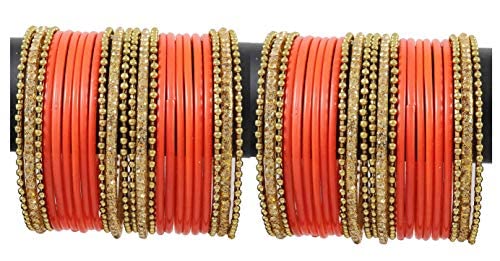 Image of NMII Glass With Zircon Gemstone Studded Worked and Ball Chain Or Plane Gloosy Finished Bangles Set For Women and Girls