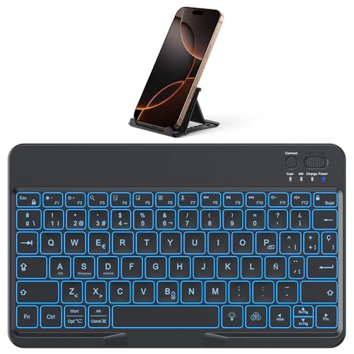 OMOTON Teclado Bluetooth para iOS/Android/Windows con Soporte para teléfono, Teclado para iPad con retroiluminación, Recargable, QWERTY, Teclas agrandadas, inalámbrico portátil, ultradelgado​