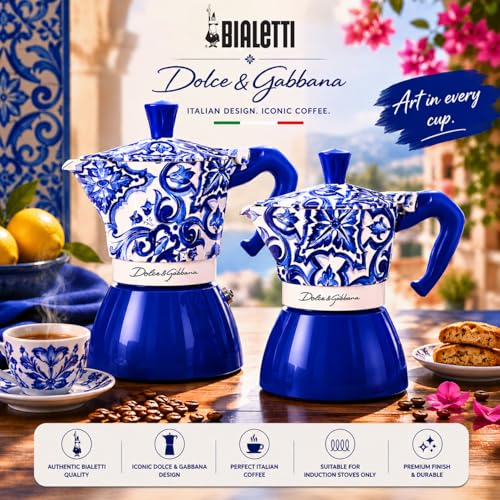 Image of Bialetti Original Dolce & Gabbana Blue Mediterraneo Design 6Cup Induction Moka Pot, Espresso Maker, Premium Coffee Maker, Made in Italy for Authentic Espresso Coffee Since 1933