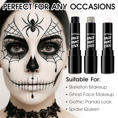 Image of BADCOLOR 3PCS Black White Grey Face Body Paint Stick Makeup for Skull Skeleton Goth Mime SFX Cosplay & Dress Up, Full-Coverage Halloween Facepaint Makeup Kit